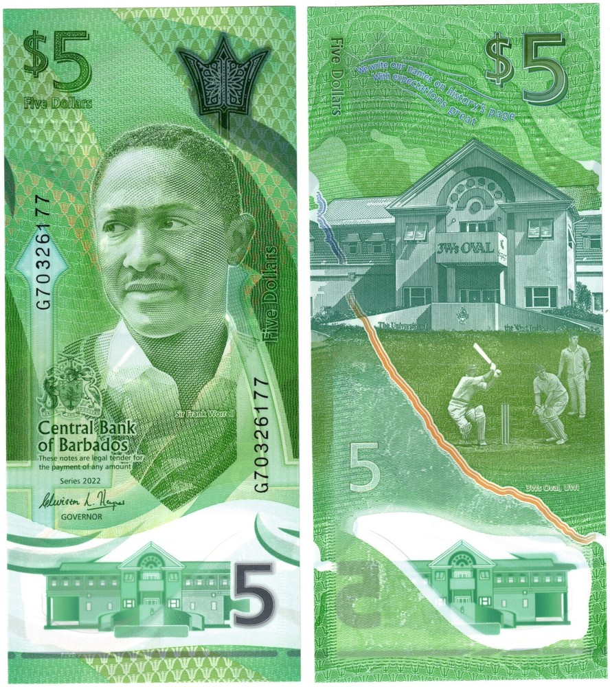 2022 Barbados 5 Dollar Banknote P81 UNC Polymer