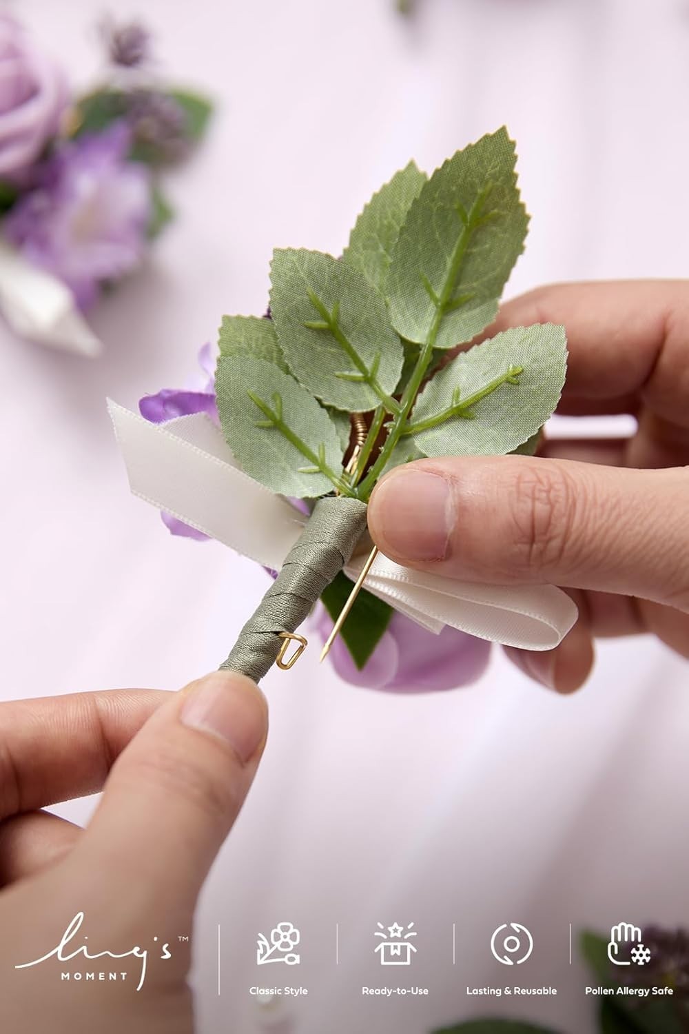 Ling's Moment Boutonniere for Men, 10pcs Groomsmen Guest Boutonniere, Lilac
