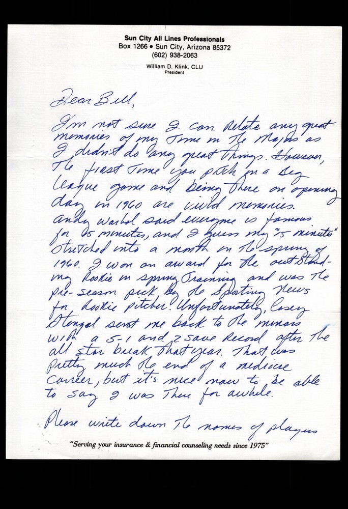FAN LETTER RESPONSE- JOHN JAMES :  GREATEST THRILL, BAS CERTIFIED