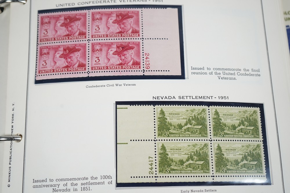 US 1950s-1960s COLLECTION OF 240 MINT PLATE BLOCKS STORED IN MINKUS ALBUM