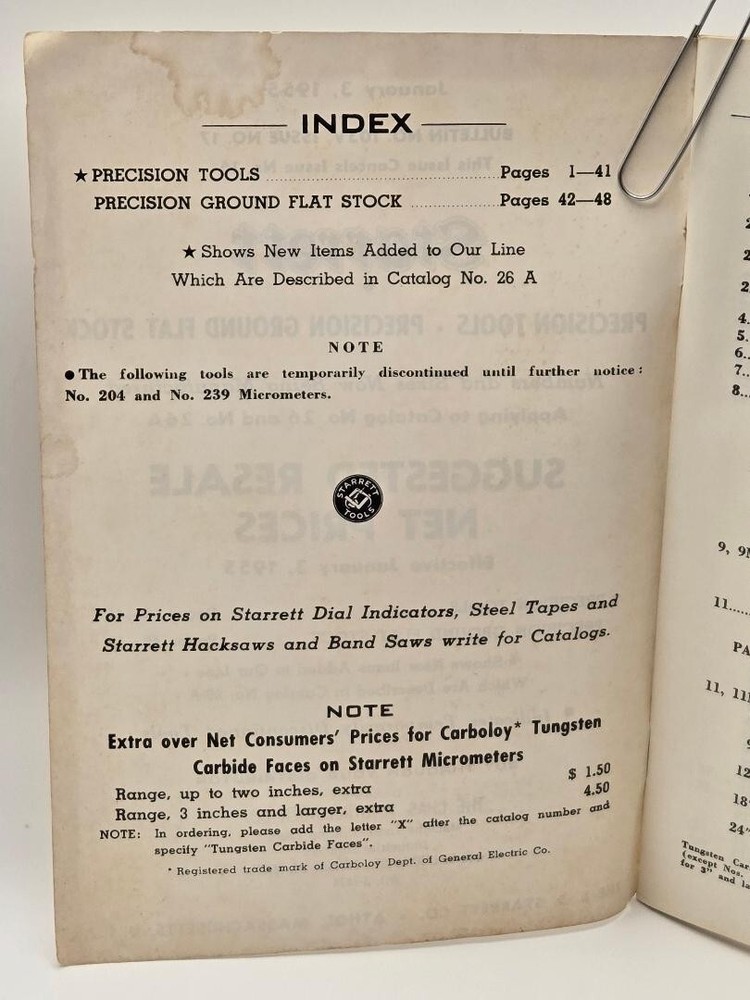 Starrett Precision Tools Price List 1955