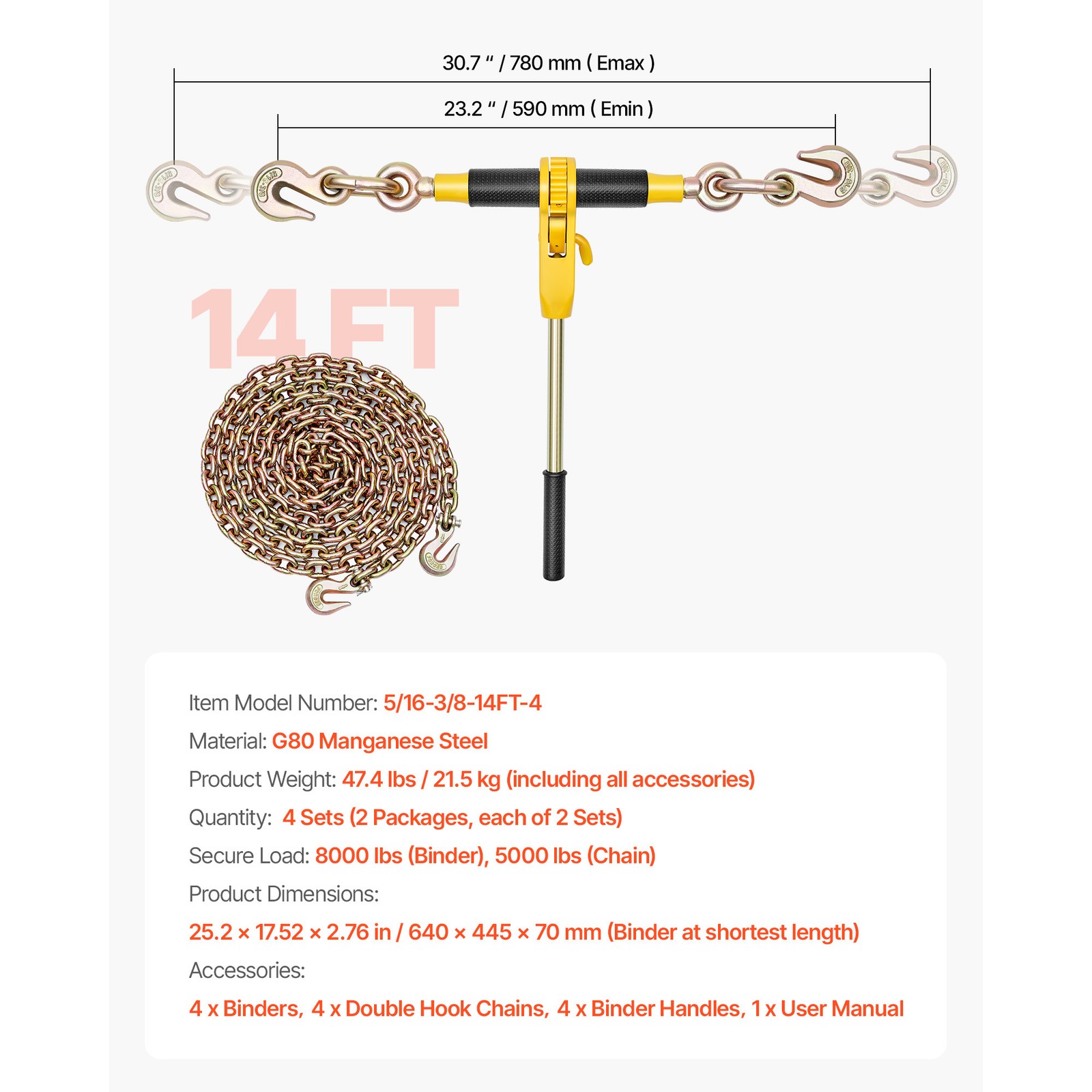 Uimoso 4 Pack Ratchet Chain Binder 5/16"-3/8" G80 Chains Load Binder for Towing