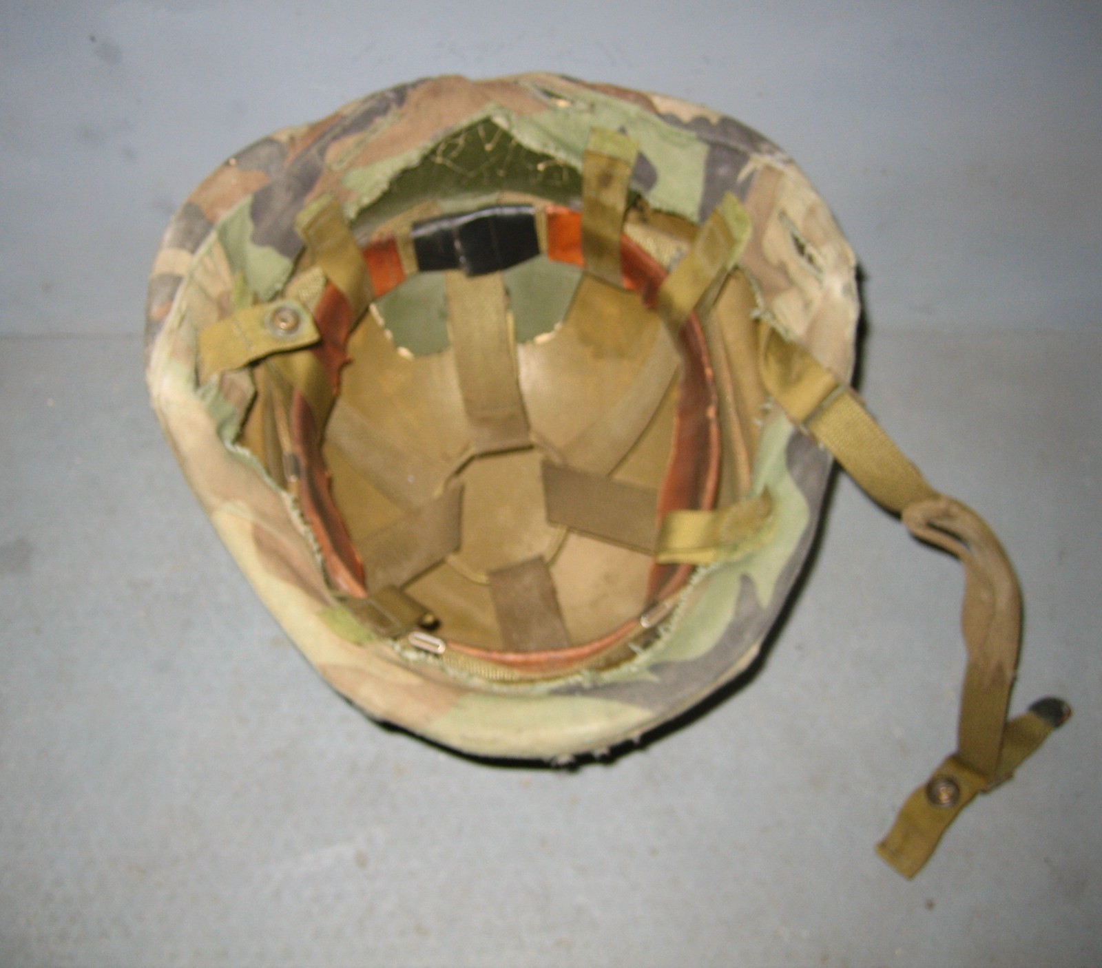 U.S. Military Combat Helmet made with Kevlar + Camo Cover, Chin Strap, & Webbing
