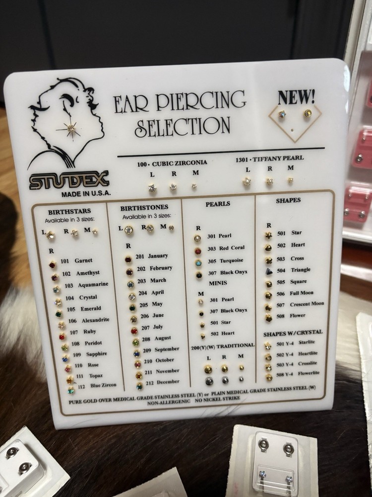 Vintage Studex Universal Ear Piercing Kit + 40+ Starter Stud Earrings & Display