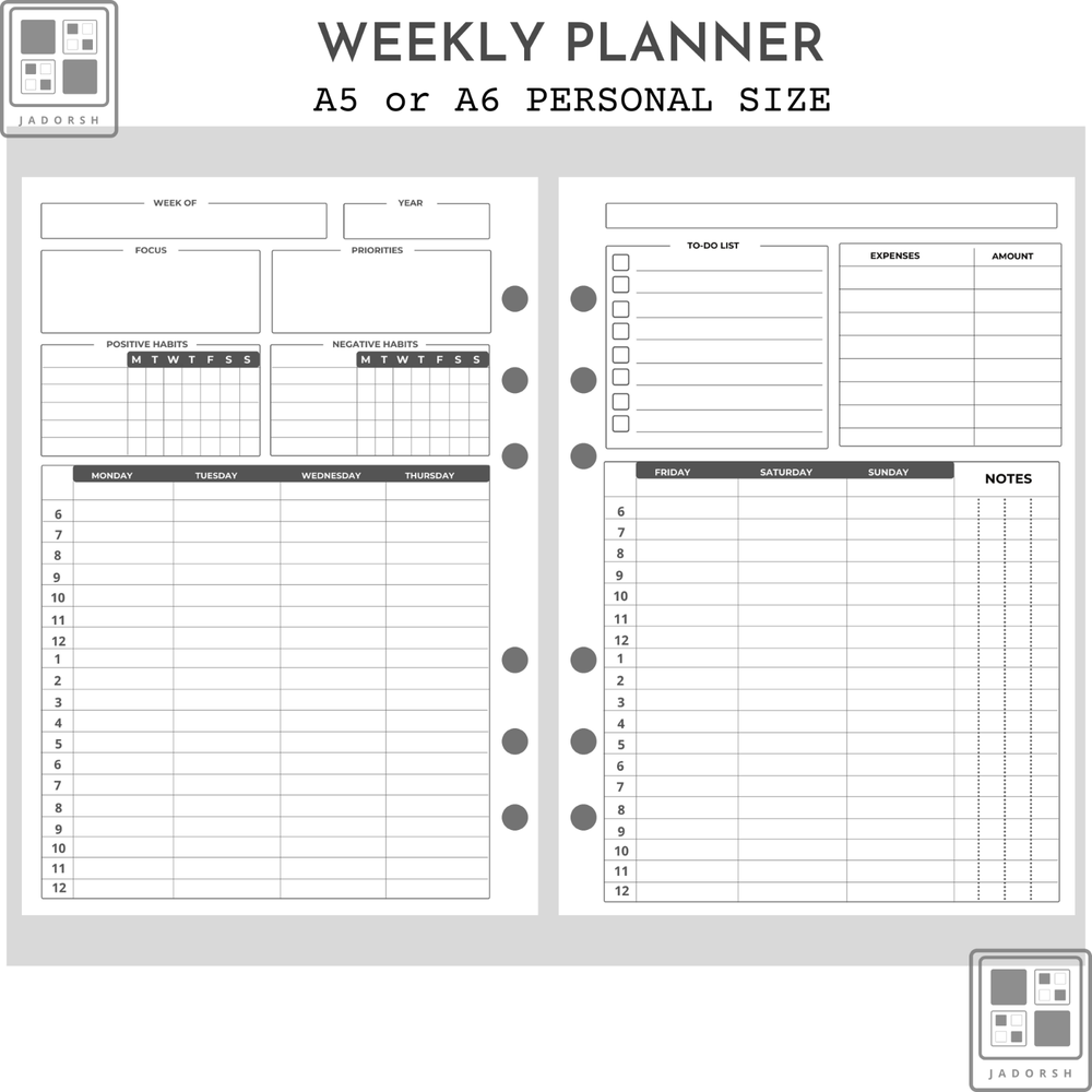 Printed A5 A6 Personal-Size Weekly Planner Insert Refills 50sheets [100Pages]