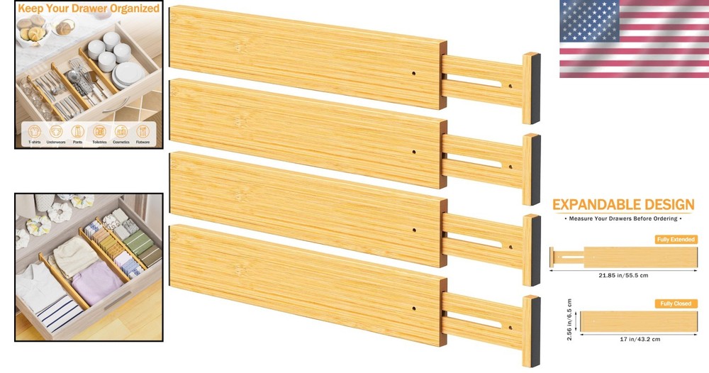 Expandable Bamboo Drawer Separators, Adjustable for Clothes & Utensils - 4 Pack