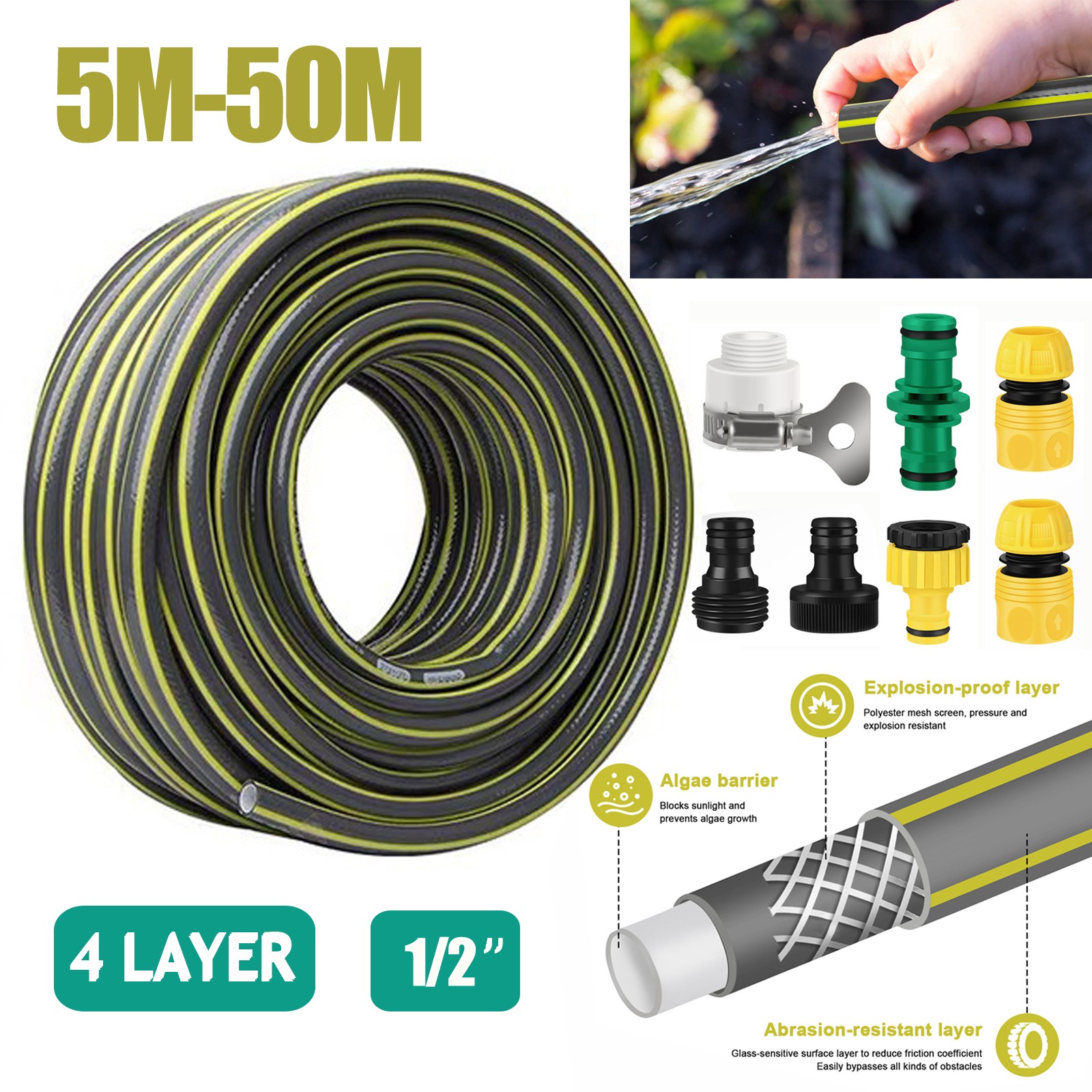 30/50/75/100/160FT Premium 1/2' Rubber Garden Hose Heavy Duty Water Hose Sprayer