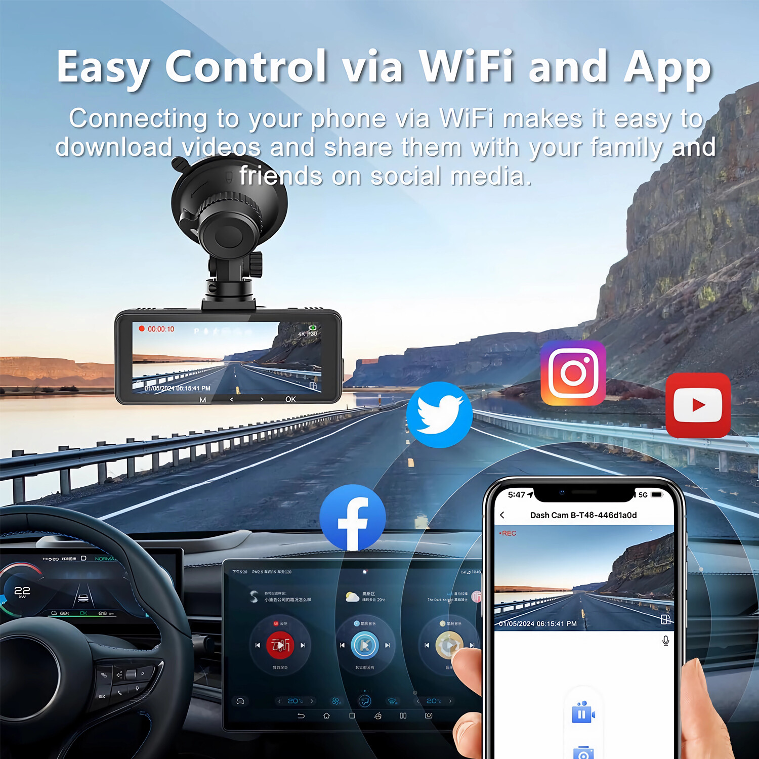 4K Dash Cam Front Dash Camera Super NIght Vision WIFI&GPS With 64GB SD Card