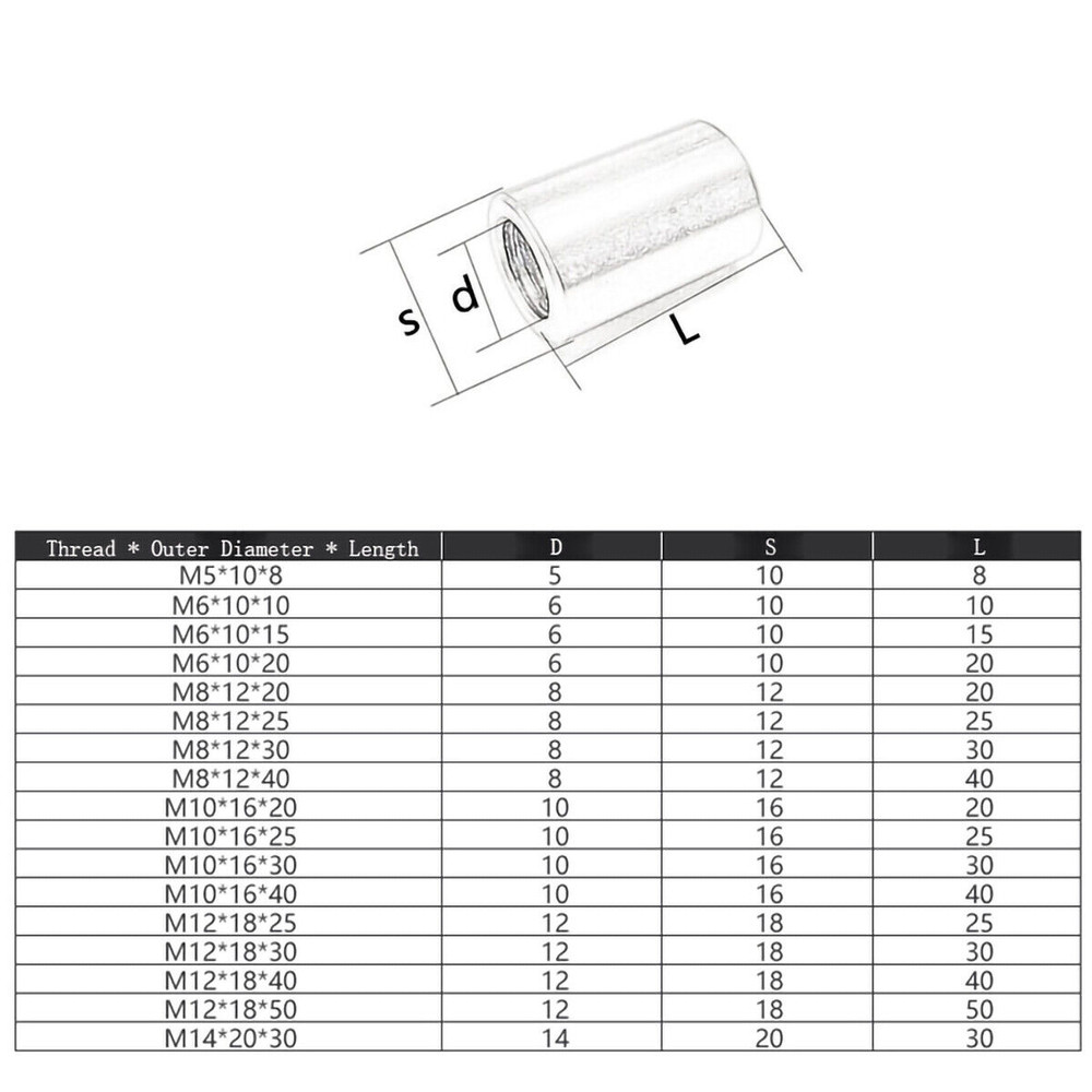 M2- M5 304 Stainless Steel Round Coupling Connector Nuts Threaded Insert Joint