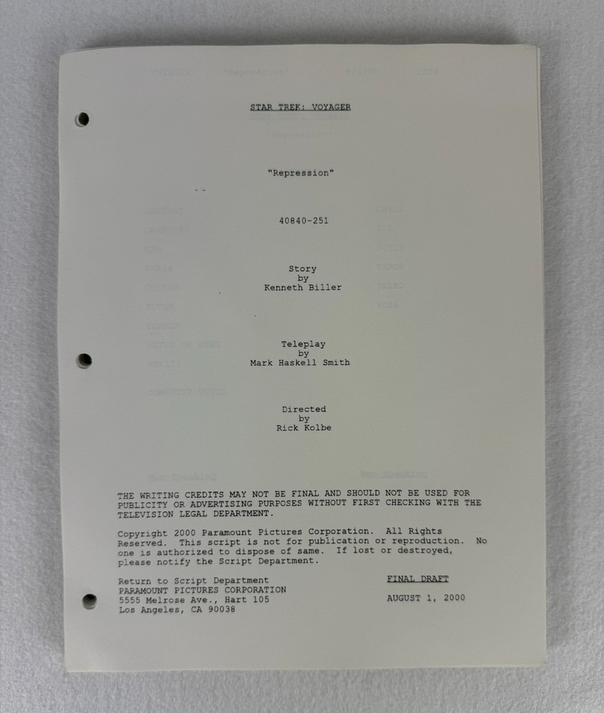 Star Trek Voyager “Repression” Final Draft Studio Script 08/01/2000