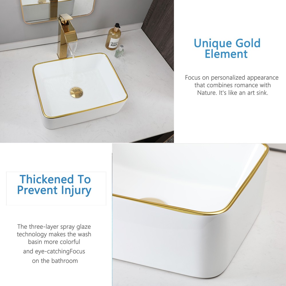 White&Gold Bathroom Sink Rectangular Ceramic Basin Mixer Waterfall Tap Set Drain