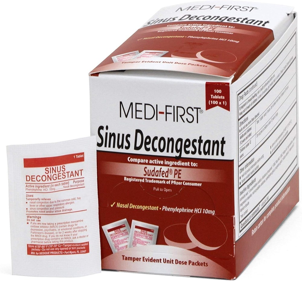 100 Pack Medi-First Sinus Pressure Relief - Non-Drowsy Phenylephrine Tablets