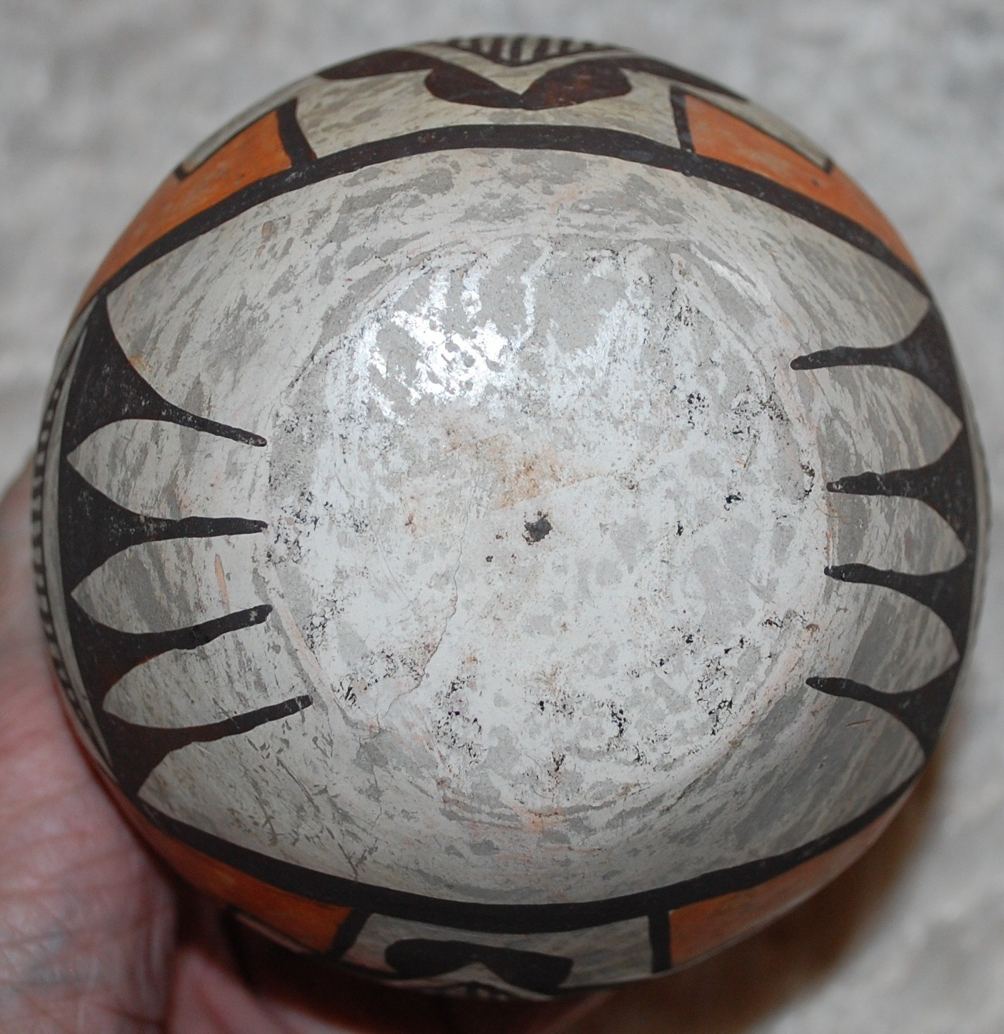 Early Isleta Double-Headed Pottery Bowl w/eight X engraved handle-1910-1920's