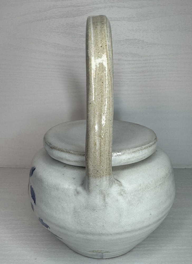 Handmade Art Pottery Teapot Blue Design Pattern Marked On Bottom.
