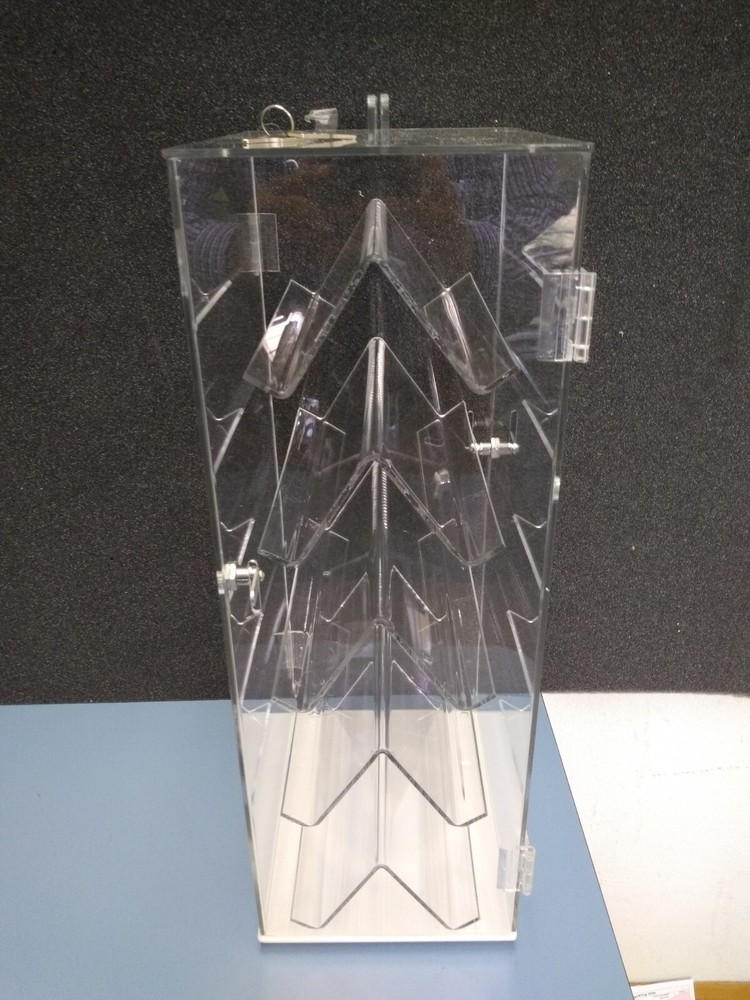 Display stand shelves rotating base two-sided locking doors clear acrylic