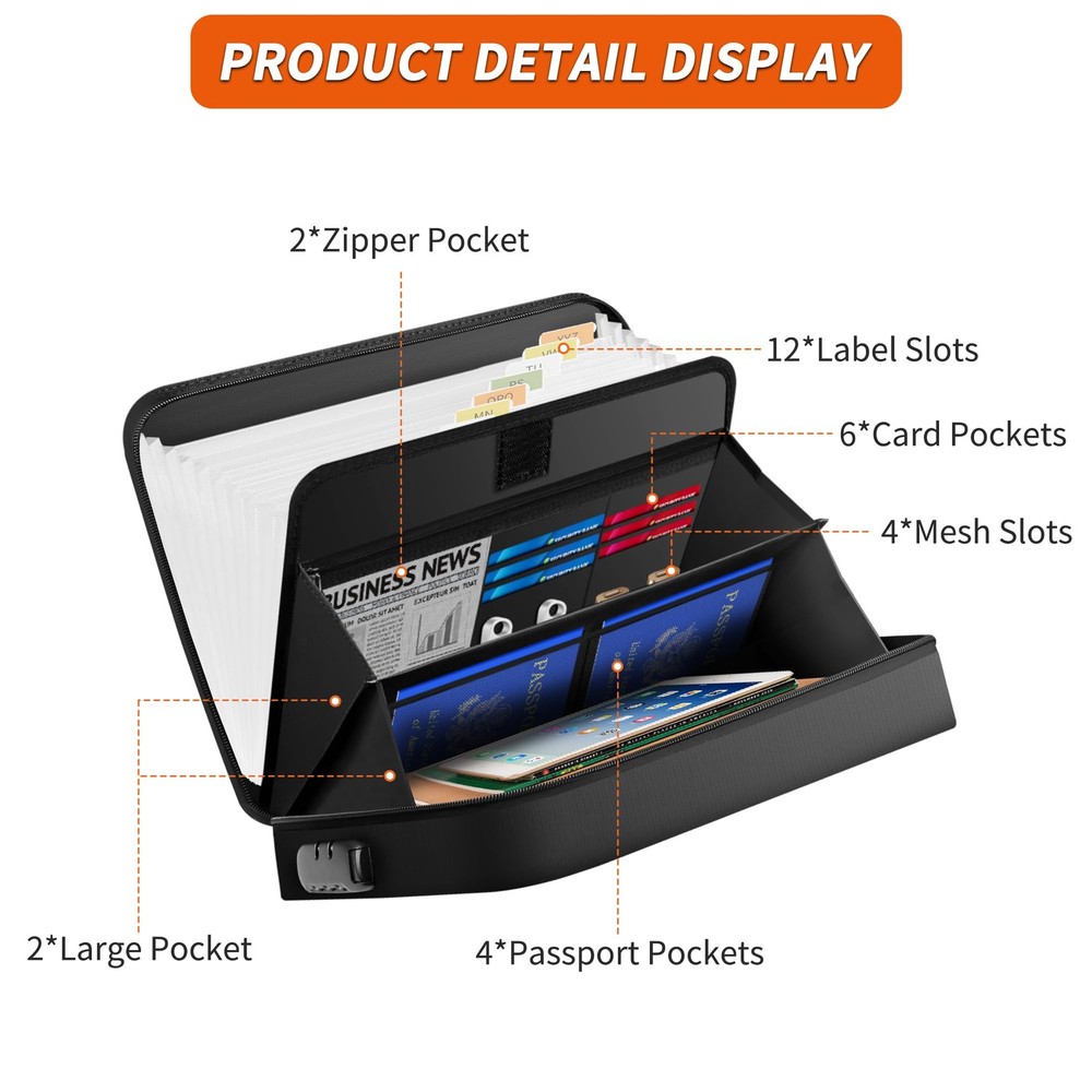 Fireproof Document Bag with Lock, Waterproof and Fireproof Bag with 13 Pocket...