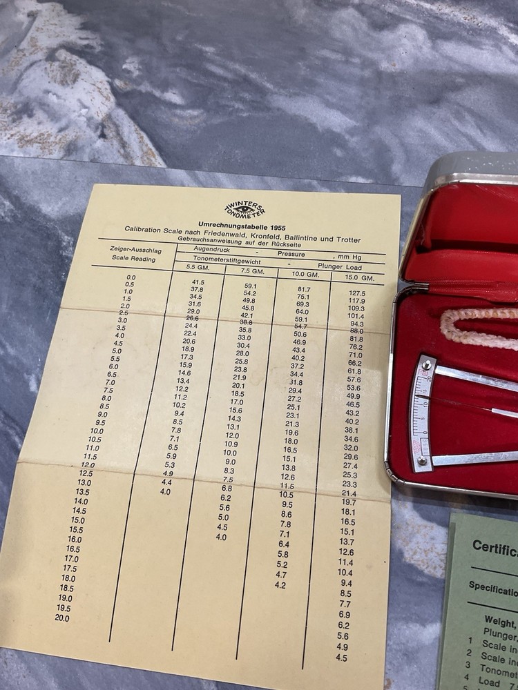 VINTAGE SCHIOETZ - TONOMETER 1955 IMPROVED ORIGINAL BOX PAPERWORK