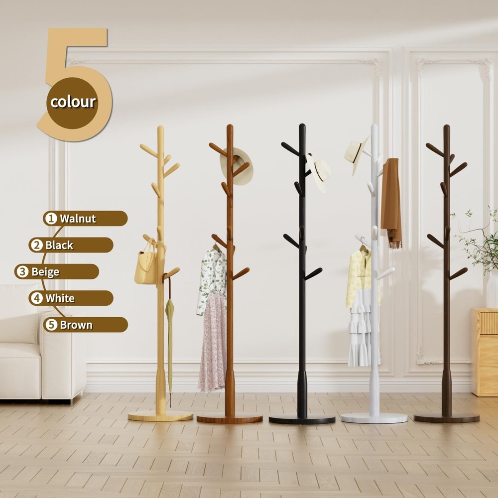 Solid Wood Round Base Coat Rack, Free Standing Hall Coat Tree with 8 Hooks（+2...
