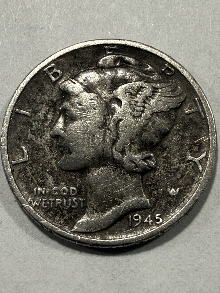 1945 Mercury 90% Silver Dime-Errors: No Mint Mark, GOD & Rollover Marks-Back