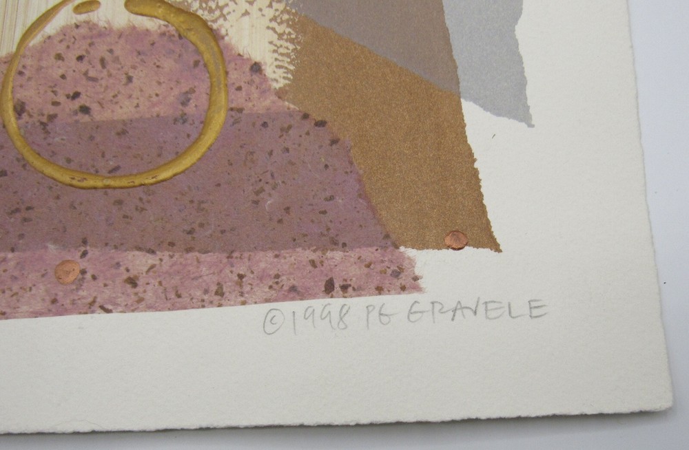 Signed 1998 PG Gravele mixed media abstract postmodern composition 10x15"