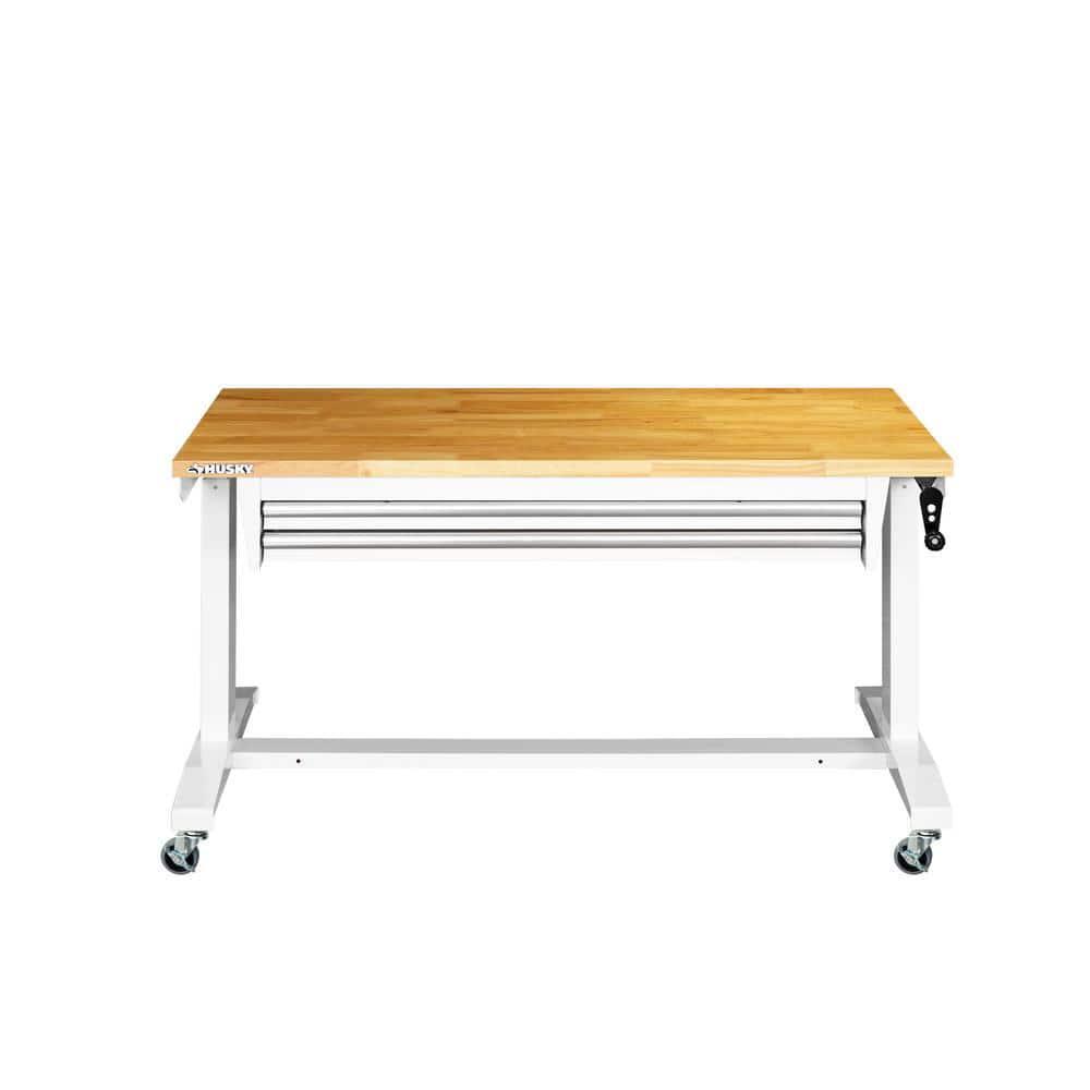 Husky Adjustable Height Workbench Table 52" Solid Wood Top 2-Drawer Steel Frame