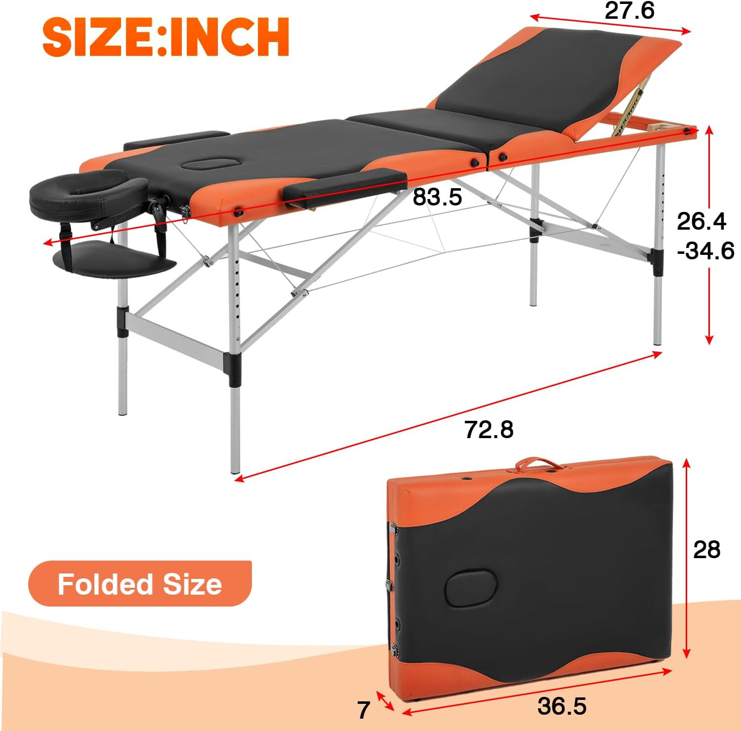 Massage Table Massage Bed 83 inch Spa Bed 3 Folding Portable Massage Table