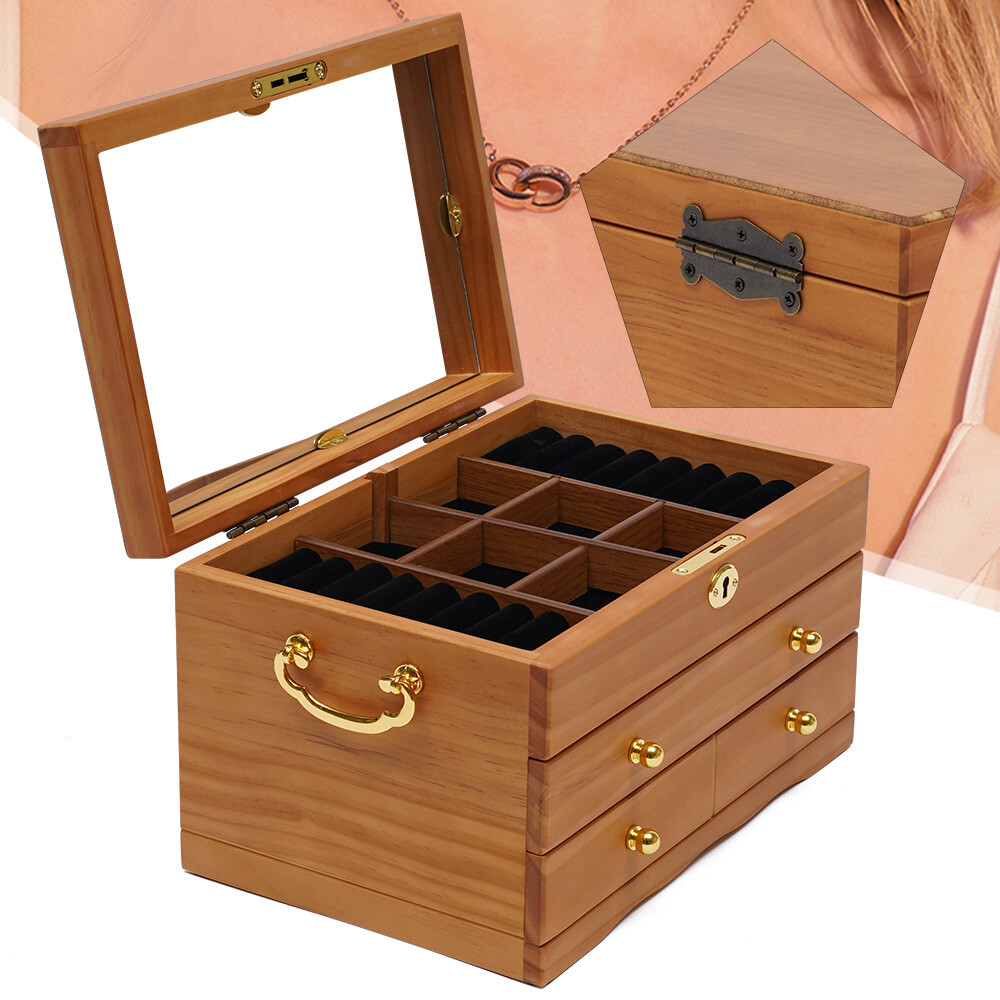 3 Layers Jewelry Storage Box+Mirror+Lock Multi-function Jewelry Box Gift Present