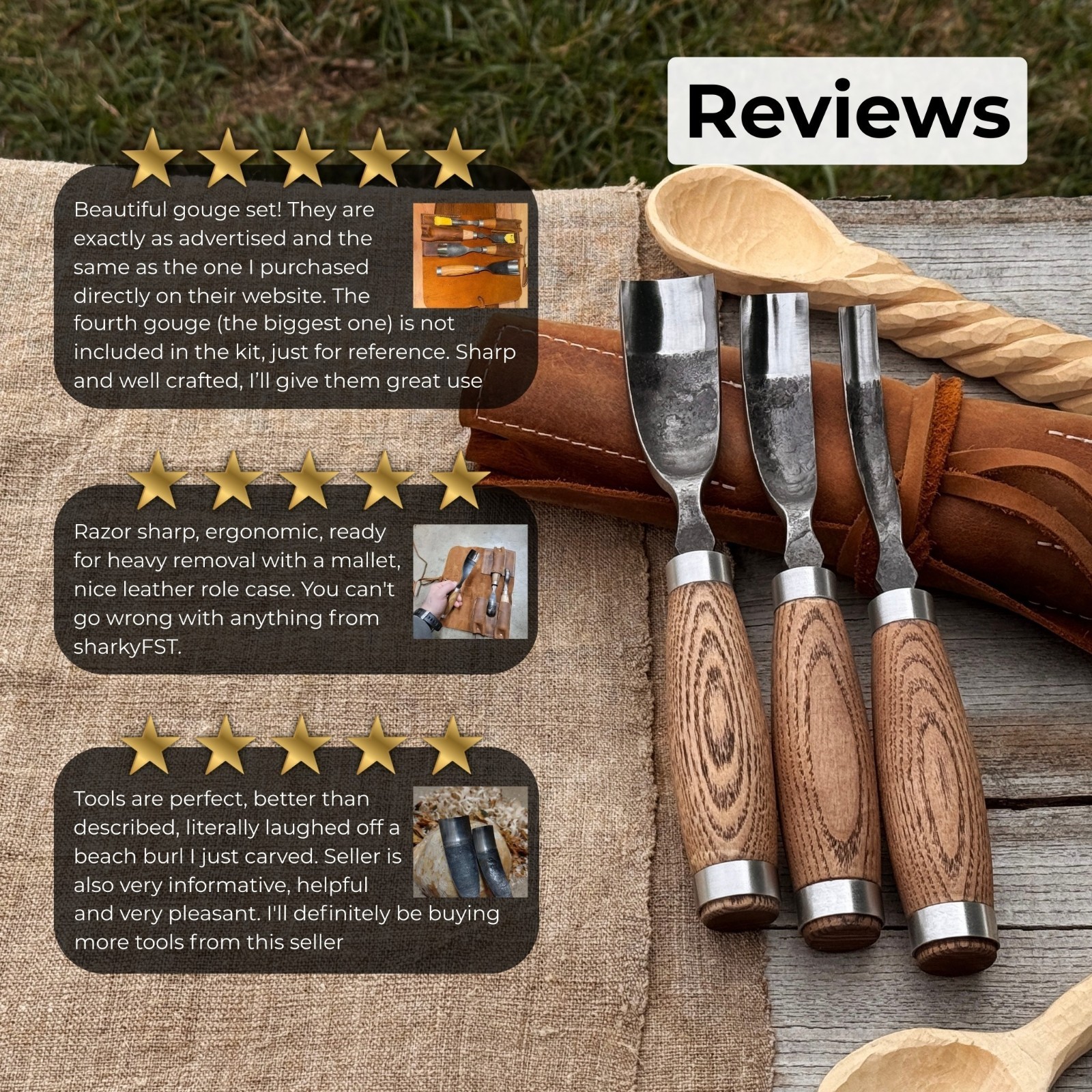 3 Piece Spoon Bent Gouge Set 52100 Carbon Steel Wood Carving Tools