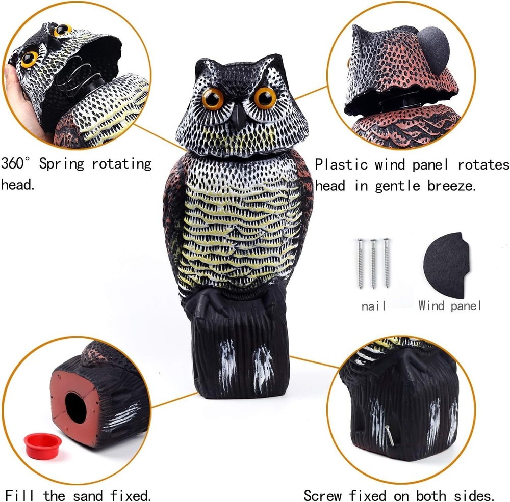 Waterproof Owl Scarecrow with Rotating Head