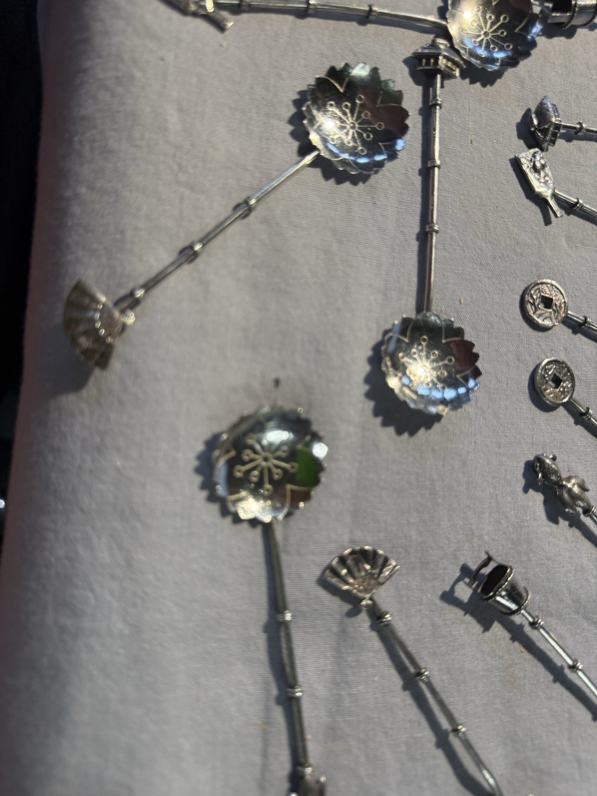 Sterling Silver 950 Demitasse Spoons Figural Motifs Japan Set of 12. Vintage