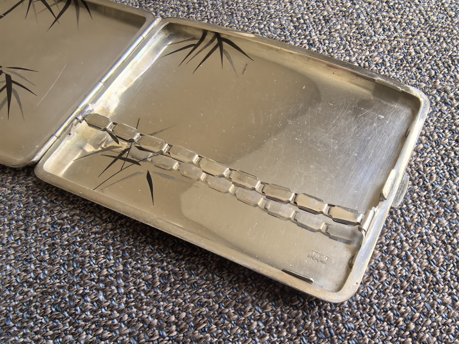 Vintage Japanese K.Uyeda Sterling Silver Cigarette Case with Bamboo Design