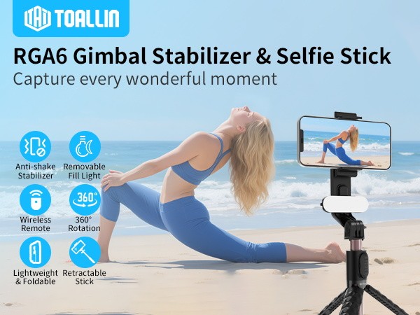 TOALLIN Mobile Phone Gimbal Stabilizer,Foldable Selfie Stick,Fill Light,w/Remote