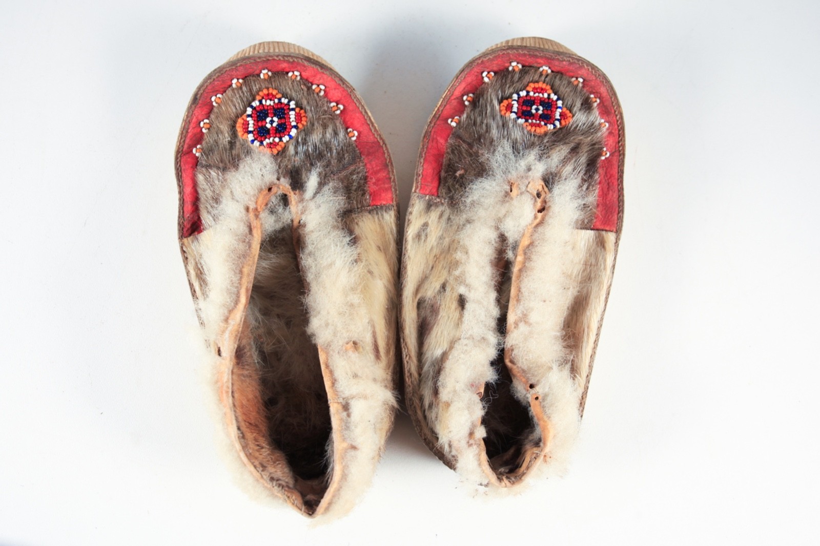 Vintage Native American Inuit Indian Bead Leather Fur Moccasins Mukluks 20th C.