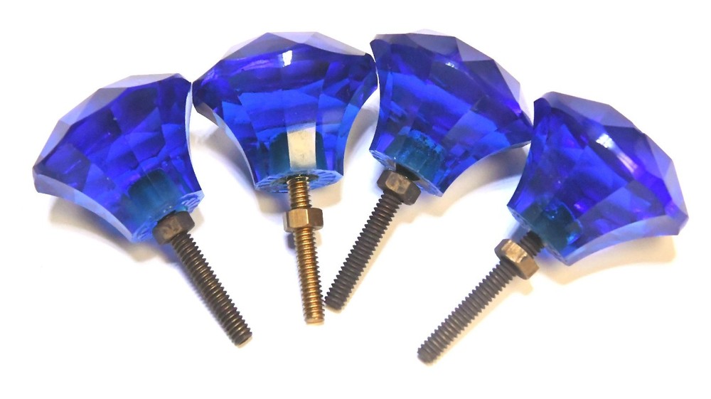 RARE 4 VINTAGE COBALT BLUE GLASS FACETED DRAWER PULLS KNOBS