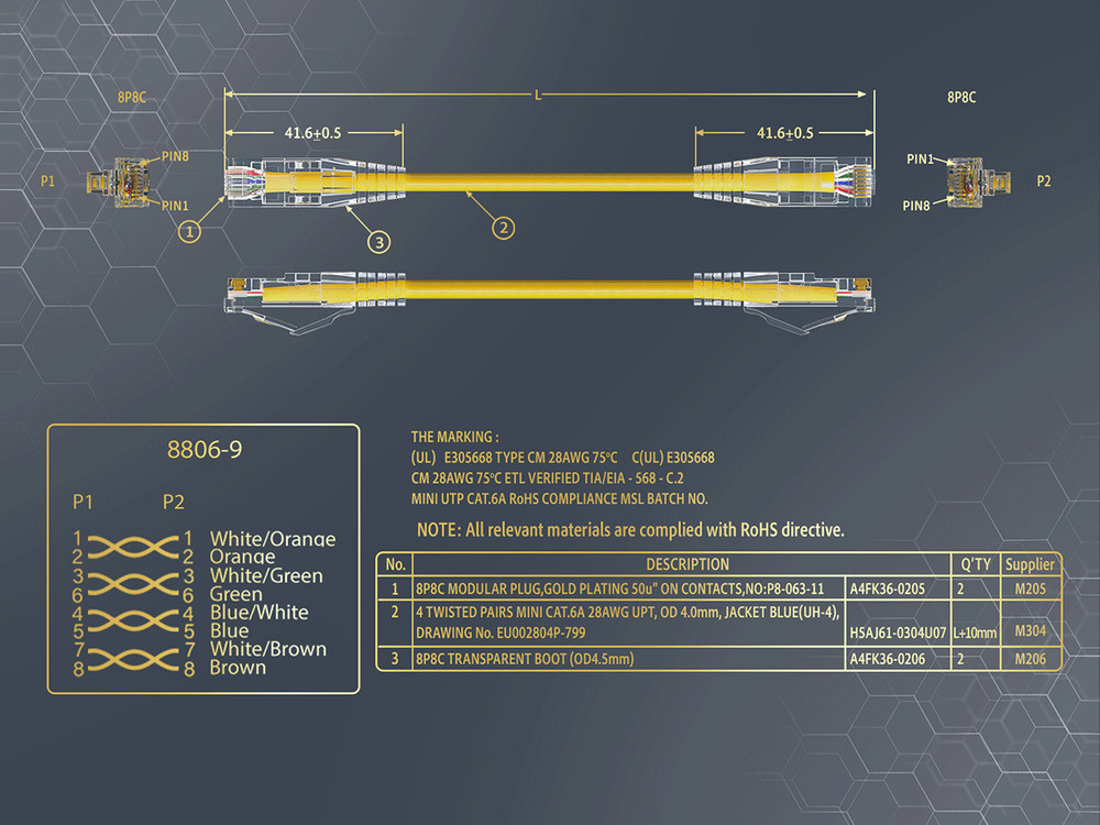 10ft Slim Cat6a 28AWG UTP Ethernet Network Patch Cable, Yellow