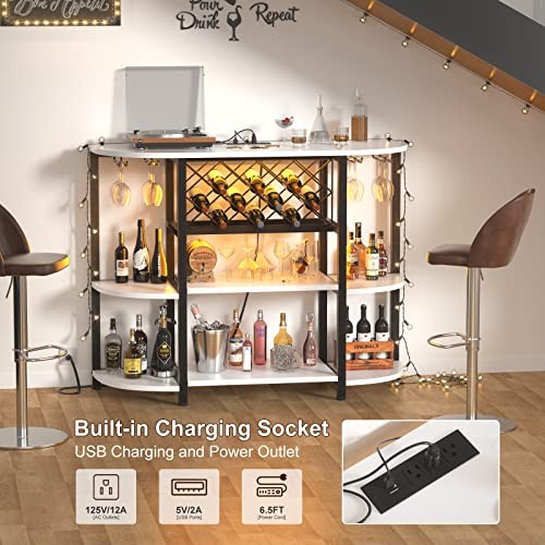 Bar Table Cabinet with Charging Station,Wine Rack Table with LED Light White