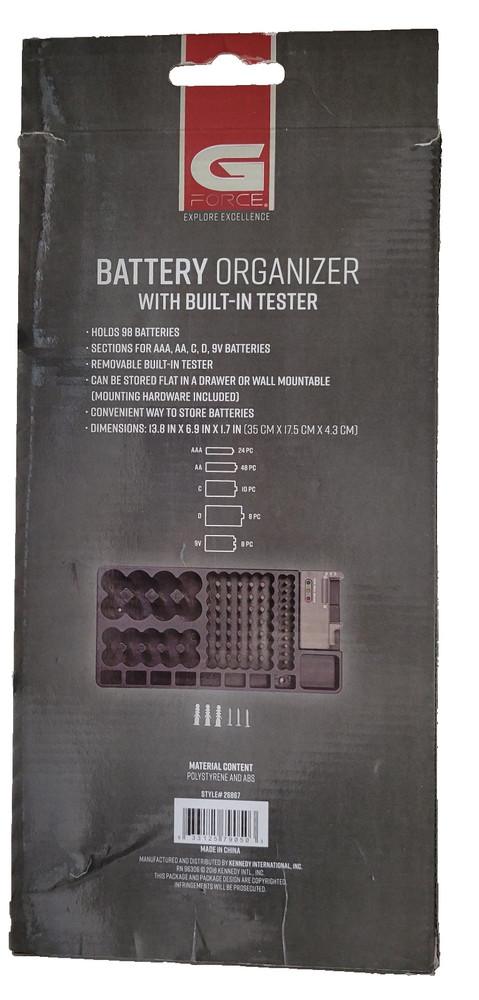GForce Battery Organizer Storage Case with Built-In Tester Wall Mountable