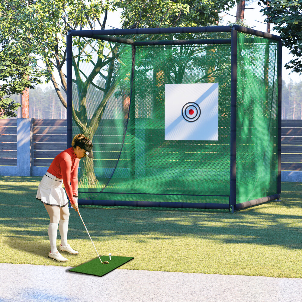 10FTX10FT Golf Practice Net Cage Metal Frame Hitting Net Kit Training Simulators