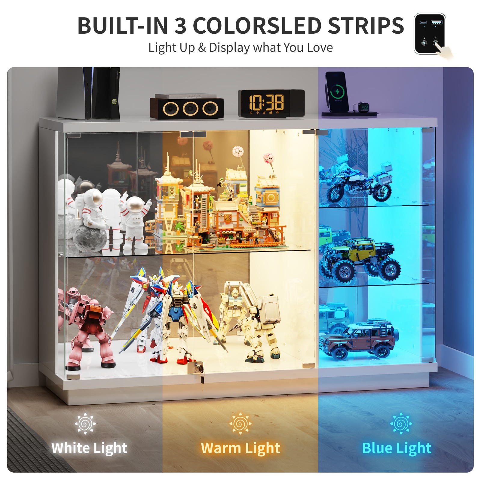 Gurexl Glass Display Cabinet with Lock, Display Cases with 3-Color LED Lights