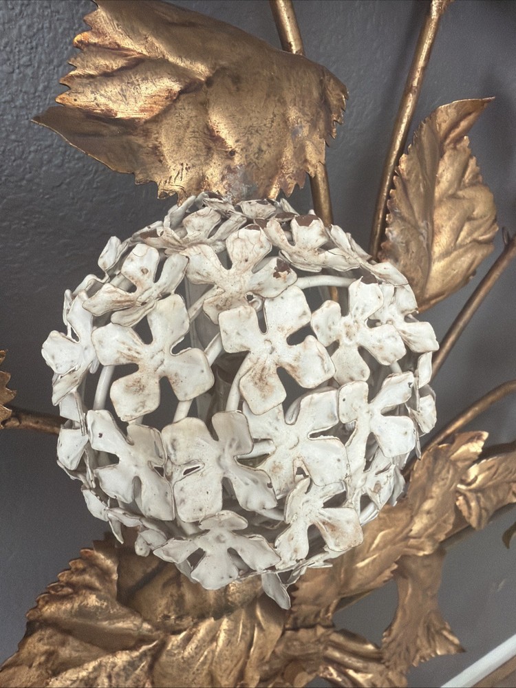1950s Hydrangea Wall Light gilded brass with white enamel hydrangeas