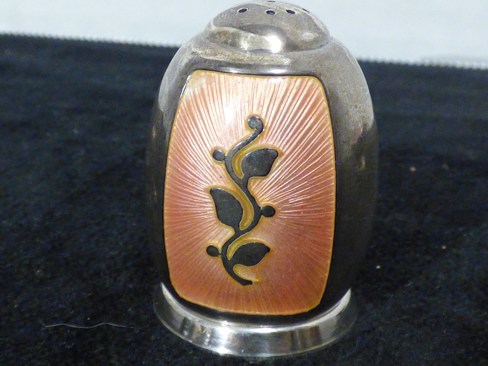 Antique Denmark Salt Cellar & Spoon & Pepper Shaker Sterling V.B. VB Pink Enamel