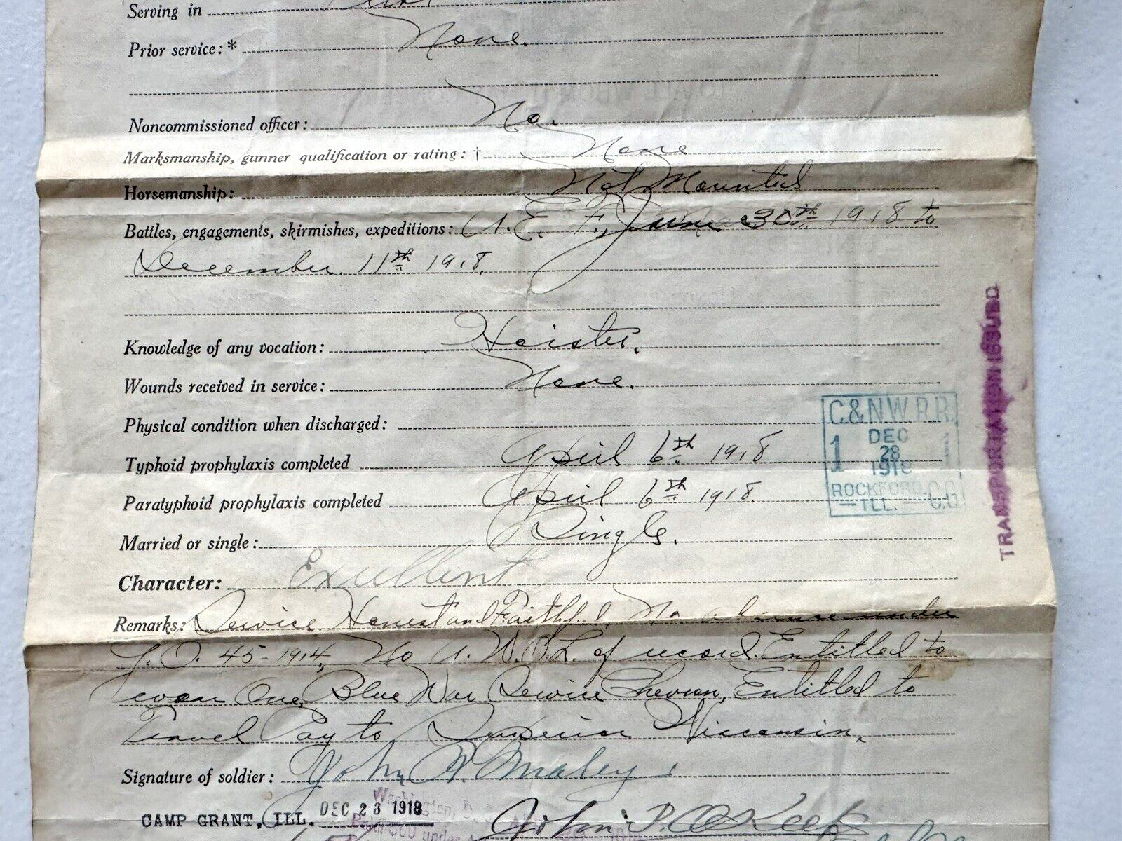 1918 WWI HONORBLE DISCHARGE PAPERS FROM THE UNITED STATES ARMY PRIVATE MALEY