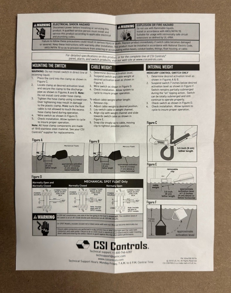 CSI Controls 1062519 Narrow Angle Float Switch 30ft Cable N.O. Sump Pump