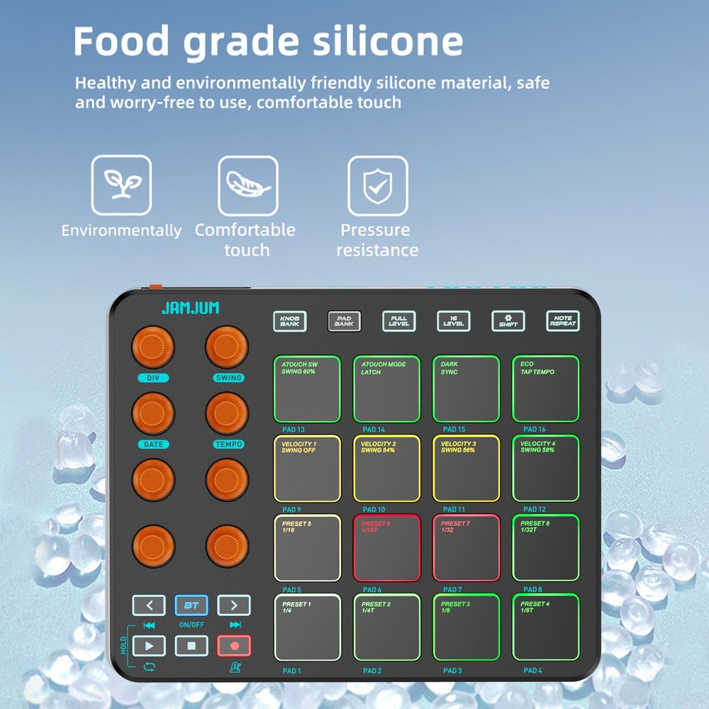 JAMJUM MIDI Controller with 16 RGB Pads 8 Knobs 6 Buttons 2000mAh Battery