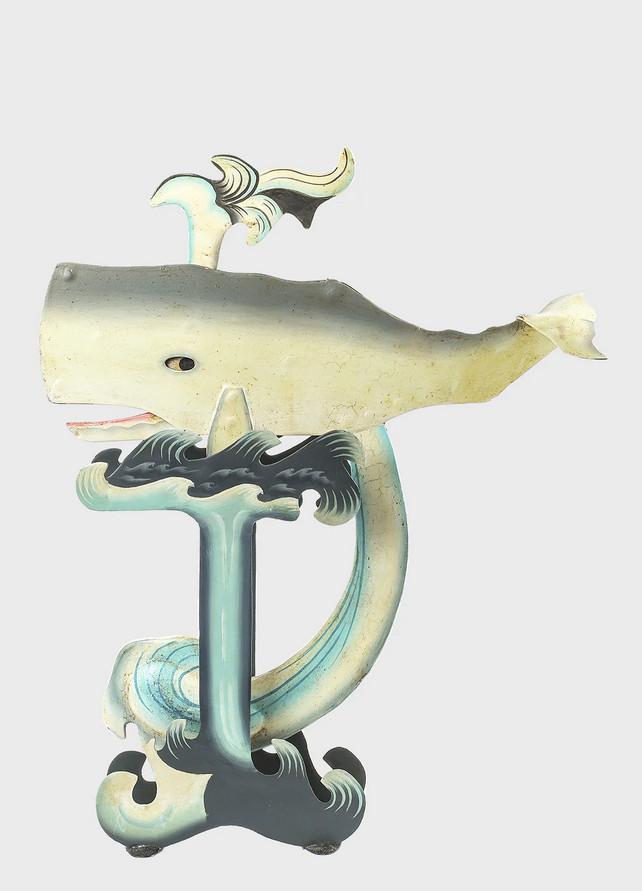 White Sperm Whale Sky Hook 19" Nautical Teeter Totter Tin Balance Toy Folk Art