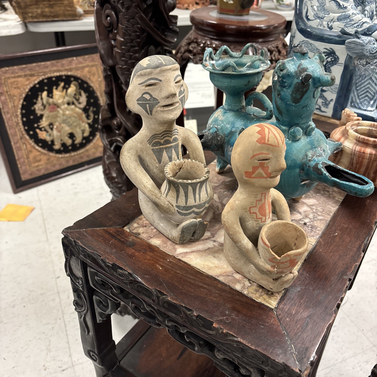 Late 1800s - Very Early 1900s Tesuque Pueblo Pottery Rain God 2 Pieces