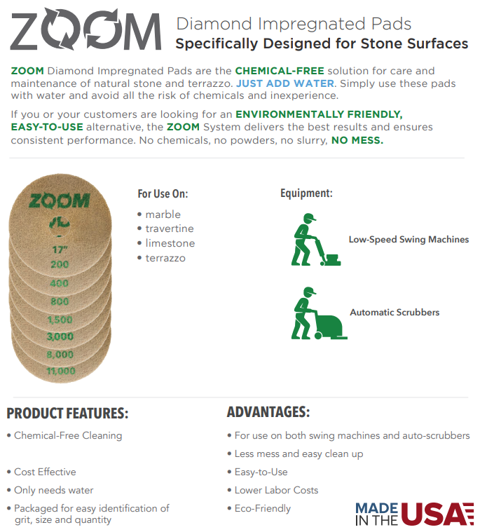 ZOOM DIAMOND IMPREGNATED PADS 17" Floor Polishing Pads Multi Surface and Grit