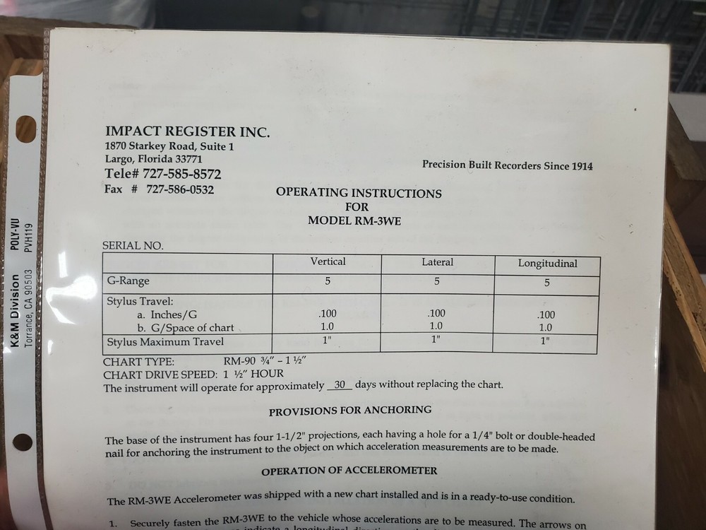 Impact register INC. ACCELEROMETER Model RM-3WE 90 min chart speed