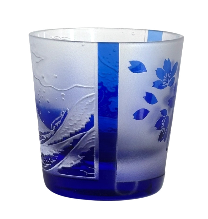 Edo Kiriko Taburo Cut Glass Sake Whiskey Glasses Mt. Fuji, Wave Mini Rock Glass