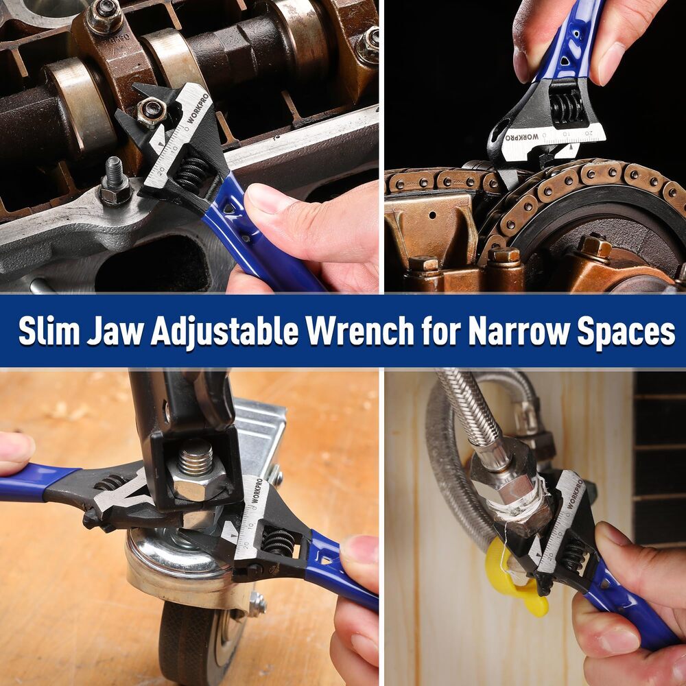 WORKPRO 4" Thin Jaws Stubby Wide Opening Adjustable Wrench w/2mm Jaws Metric/SAE